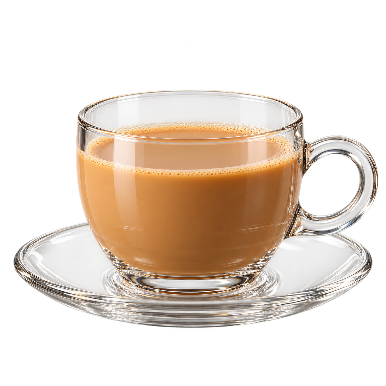 Caramel-coloured masala chai in a clear glass cup